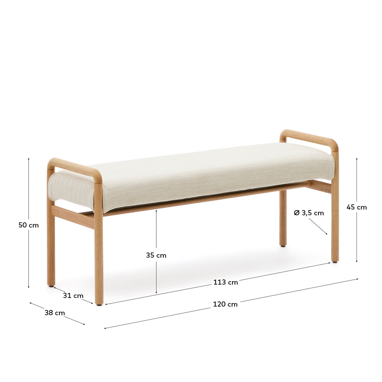 Panca Macaret sfoderabile legno massiccio di rovere finitura naturale 120 cm