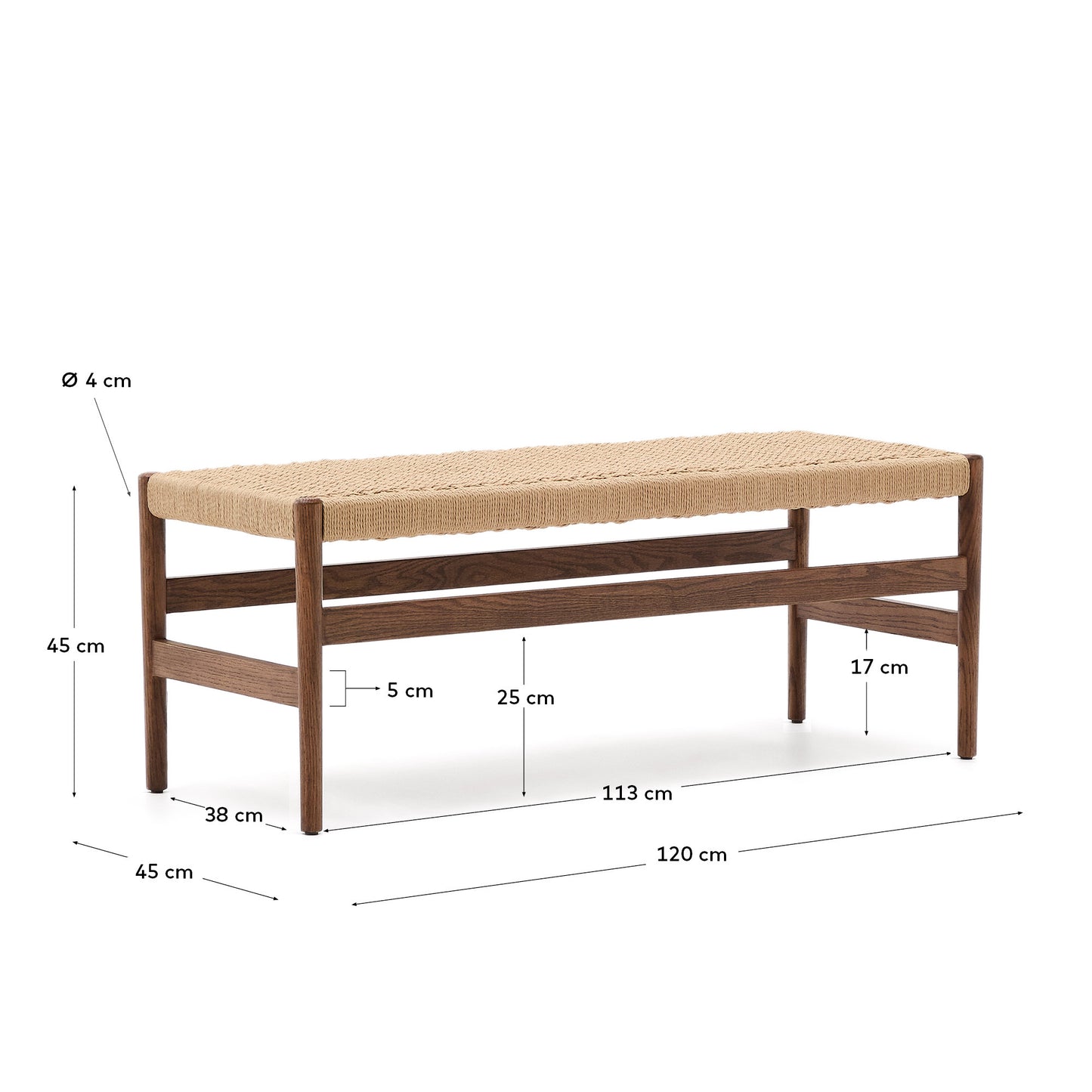 Panca Zaide in legno massiccio di rovere con finitura in noce e seduta in corda 120 cm
