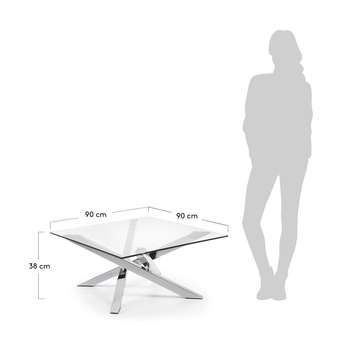 Tavolino Kamido 90 x 90 cm piano vetro gambe metallo