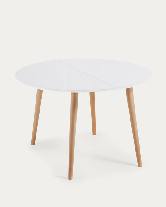 Tavolo rotondo allungabile Oqui MDF laccato bianco gambe massello di faggio 120(200)x120cm