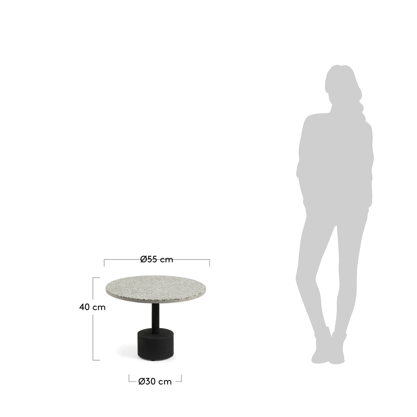 Tavolino Delano in terrazzo grigio e gambe in acciaio finitura nera Ø 55 cm