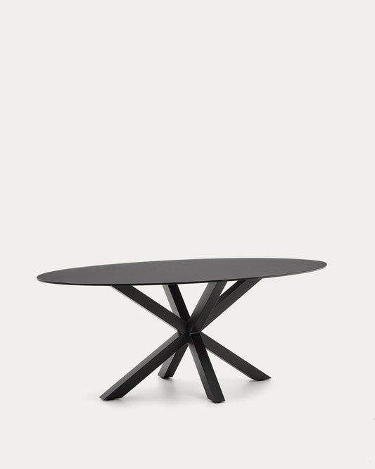 Tavolo ovale Argo in vetro nero con gambe in acciaio finitura nera Ø 200 x 100 cm