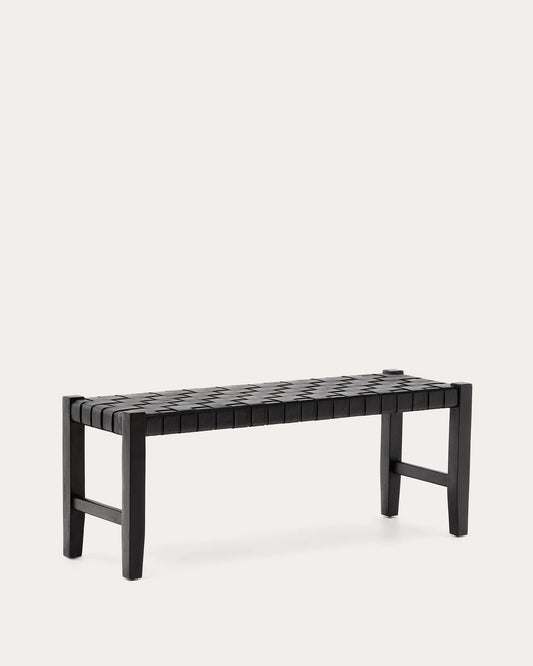 Panca Calixta in pelle e legno massello di mogano con finitura nera 120 cm