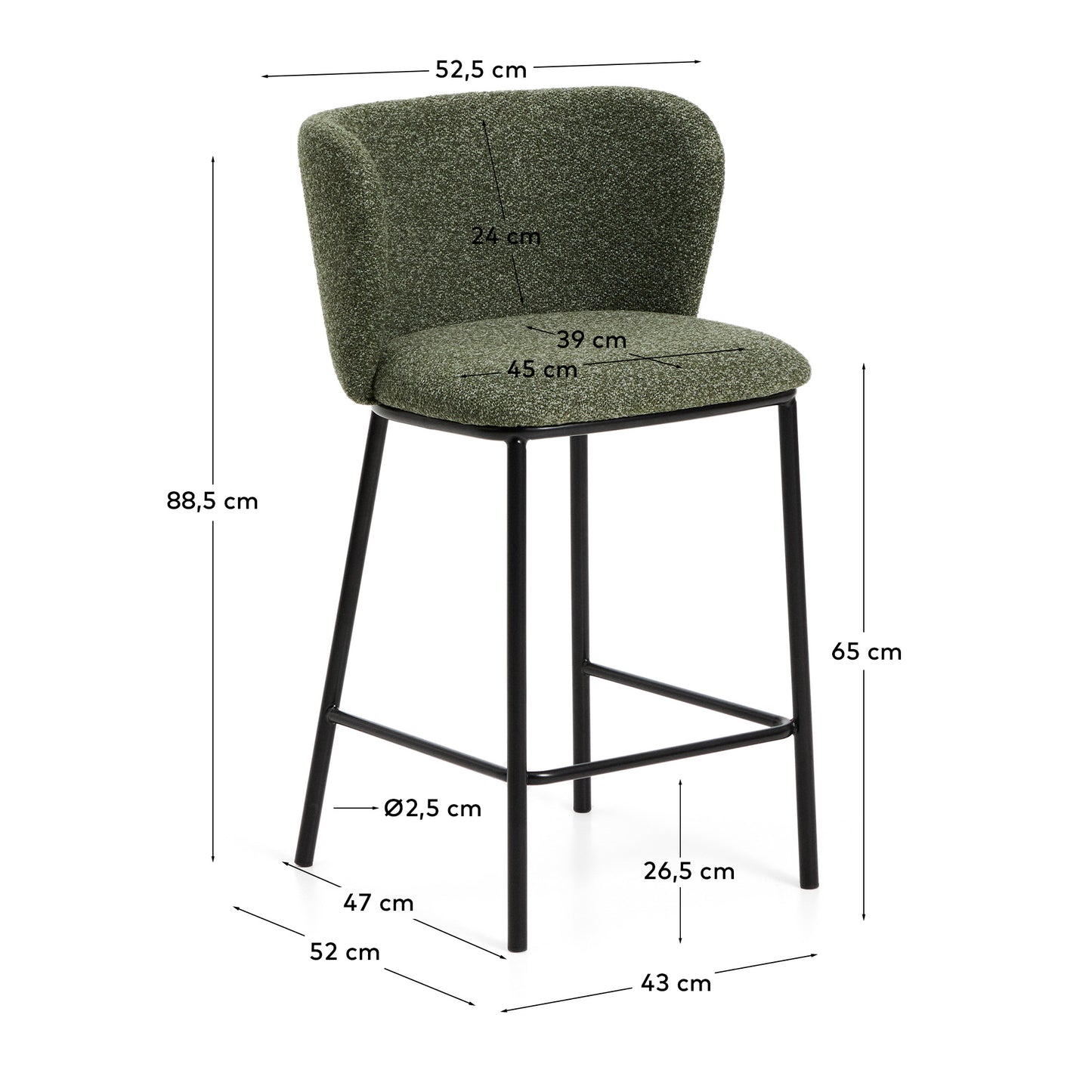 Sgabello Ciselia in ciniglia spessa verde scuro e gambe in acciaio finitura nera 65 cm