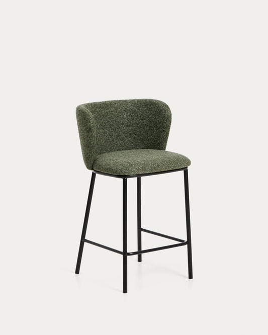 Sgabello Ciselia in ciniglia spessa verde scuro e gambe in acciaio finitura nera 65 cm