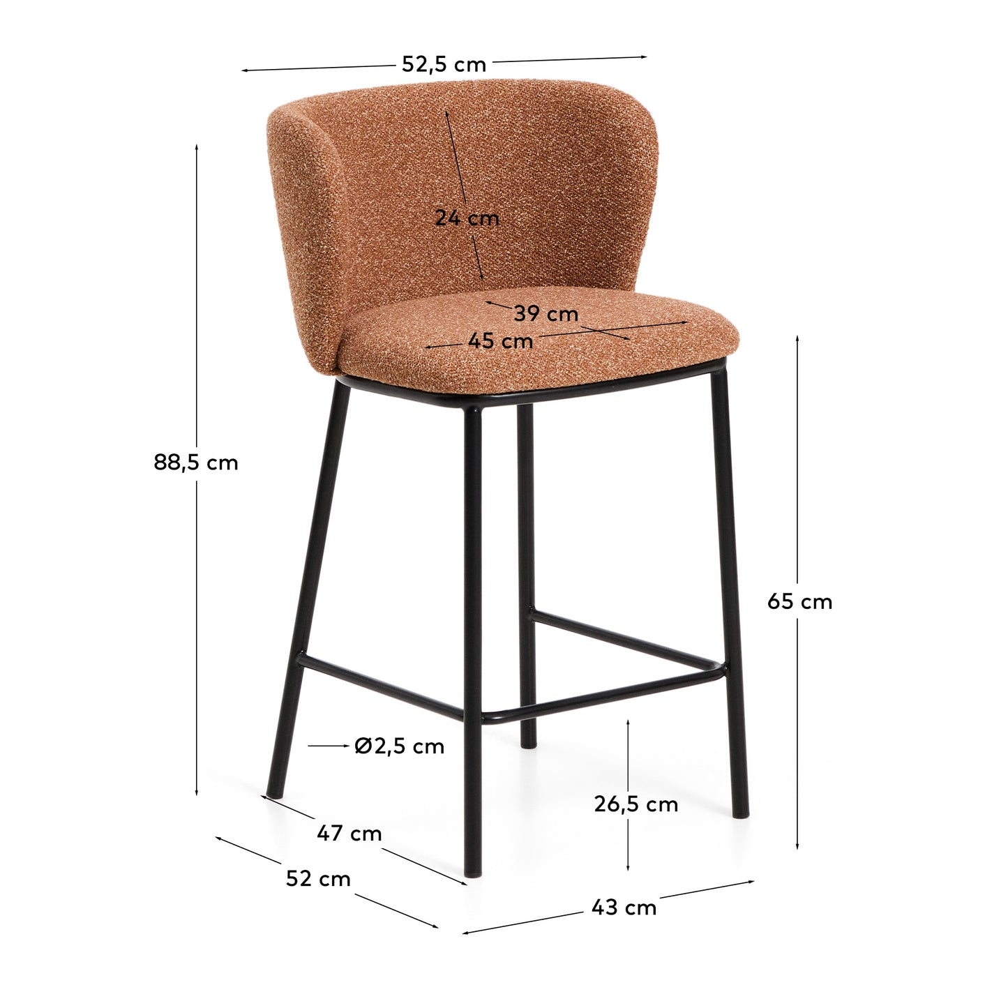 Sgabello Ciselia in ciniglia spessa terracotta e gambe in acciaio finitura nera 65 cm