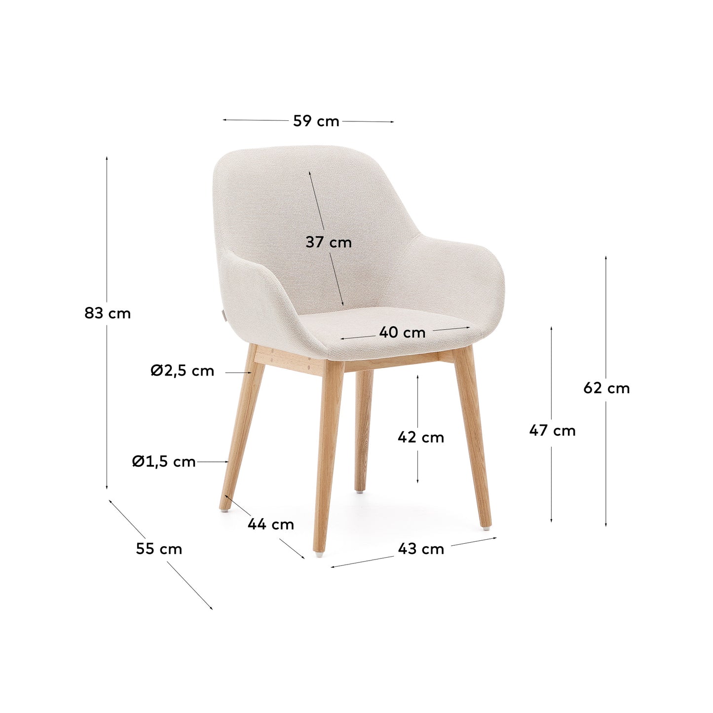 Sedia Konna beige con gambe in legno massello di frassino finitura naturale