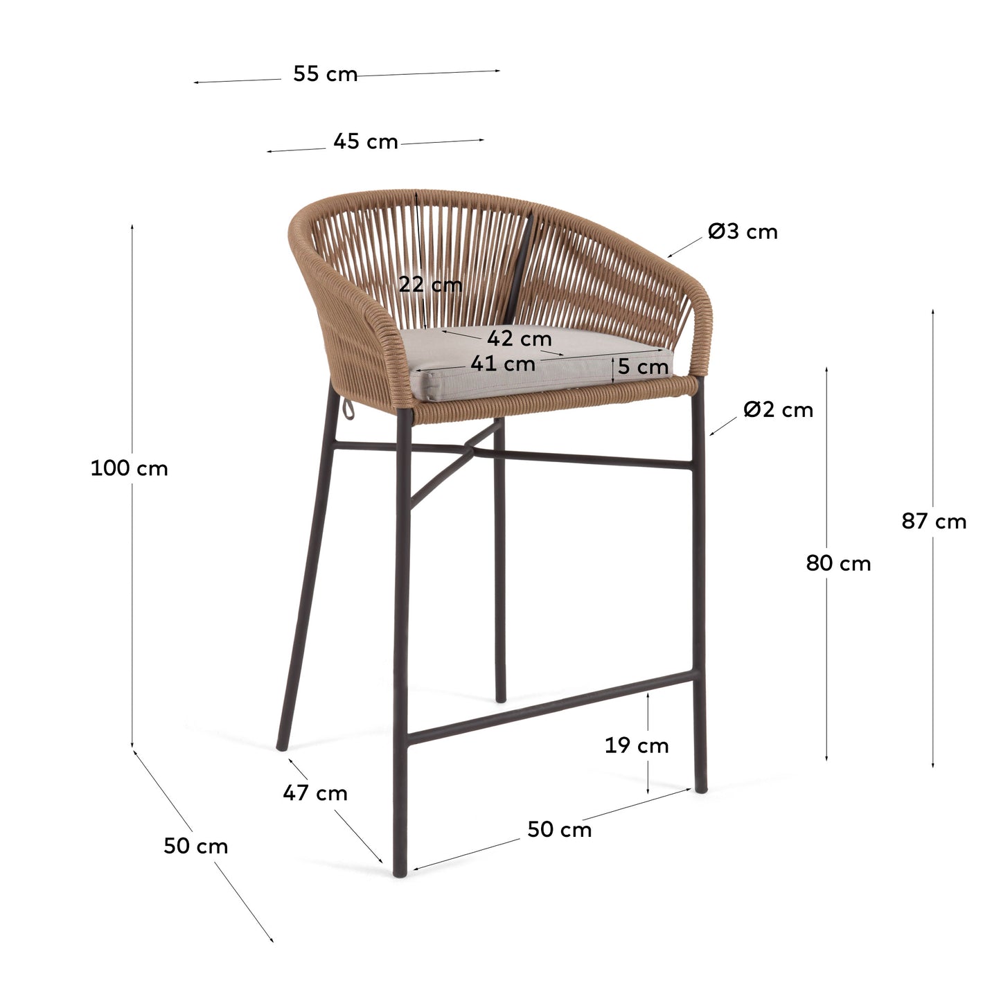 Sgabello Yanet in corda beige altezza 80 cm