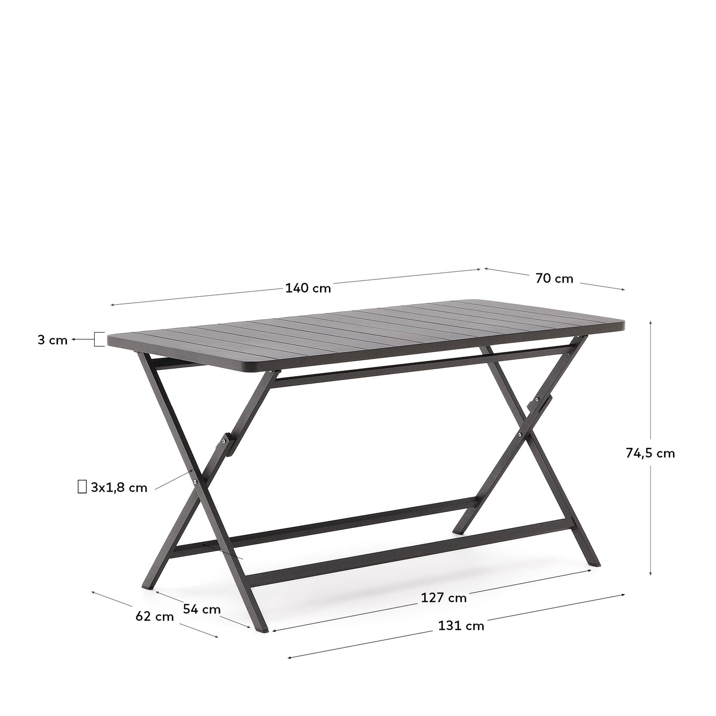 Tavolo da esterno pieghevole Torreta in alluminio con finitura grigio scuro 140 x 70 cm