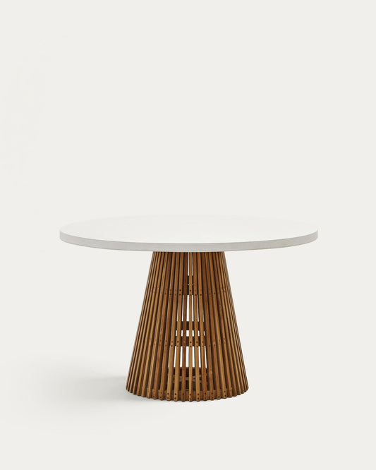 Tavolo rotondo da esterni Alcaufar in legno massiccio di teak e cemento bianco Ø 120 cm
