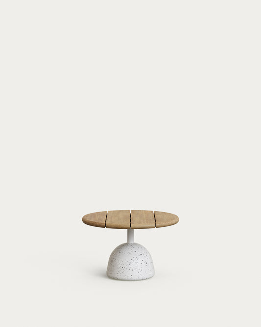 Tavolino Saura in terrazzo bianco con piano in acacia naturale 32 x Ø 55 cm