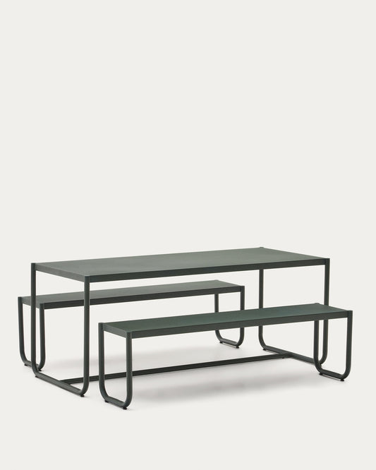 Set Sotil di 2 panche e tavolo in acciaio zincato con finitura verde 183 x 83 cm
