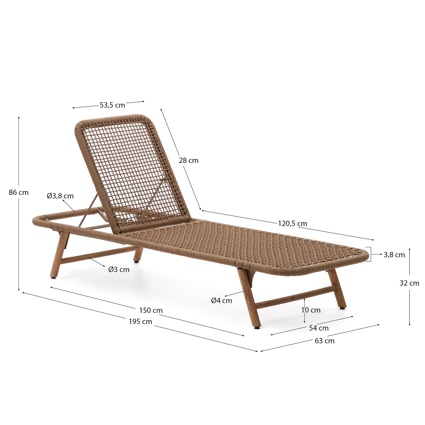 Lettino Dandara con struttura in acciaio con corda beige e gambe in legno massiccio di acacia
