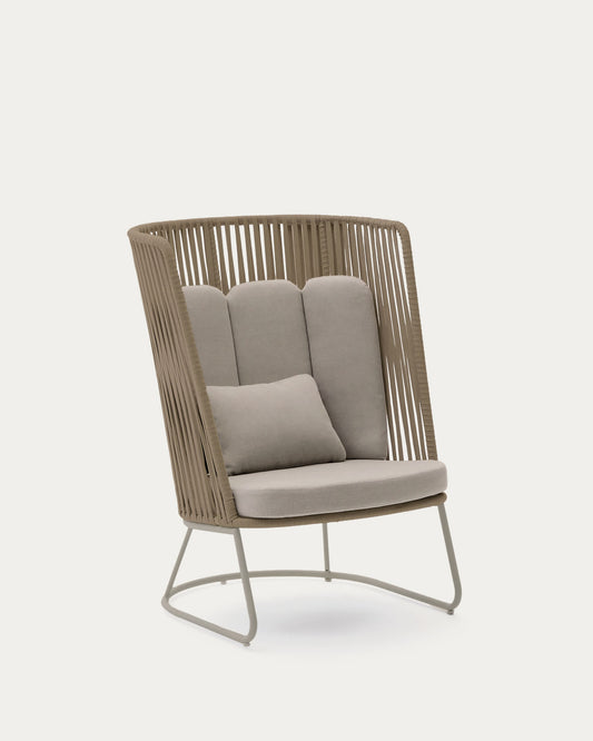 Poltrona da esterno con schienale alto Saconca in corda e acciaio zincato beige