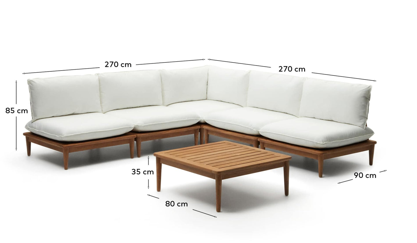 Set modulare Portitxol poltrona angolare, 4 poltrone e tavolino in legno massiccio di teak 270 x 270 cm
