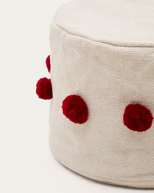Pouf Manua di cotone beige con nappe rosse Ø 40 cm