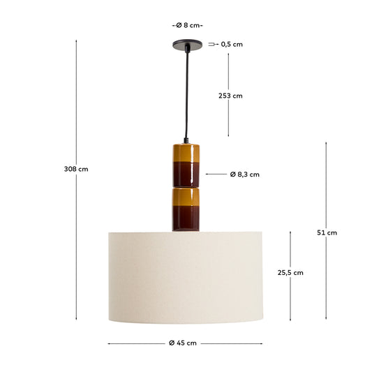 Lampada da soffitto Mavran in ceramica marrone e senape con paralume in cotone