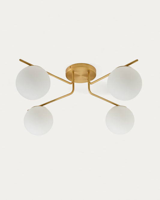 Lampada da soffitto Brisia in metallo con finitura in ottone spazzolato e 4 sfere di vetro satinato Ø15 cm