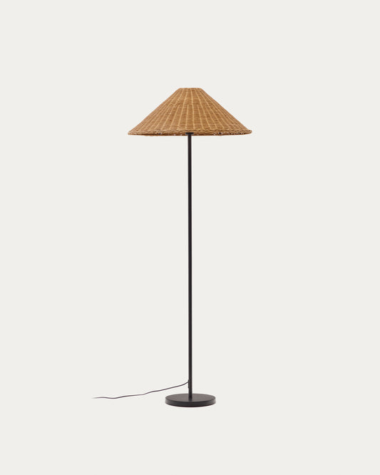 Lampada da terra Urania in rattan e metallo con finitura in nero