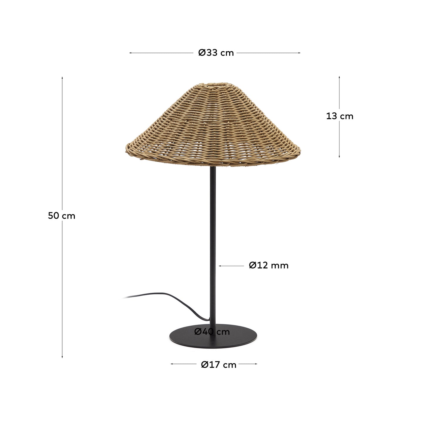 Lampada da tavolo Urania in rattan e metallo con finitura in nero