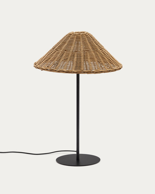 Lampada da tavolo Urania in rattan e metallo con finitura in nero