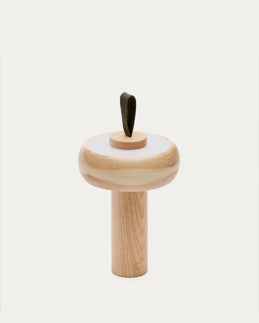 Lampada da tavolo portatile Luba in legno di frassino e maniglia in cotone verde