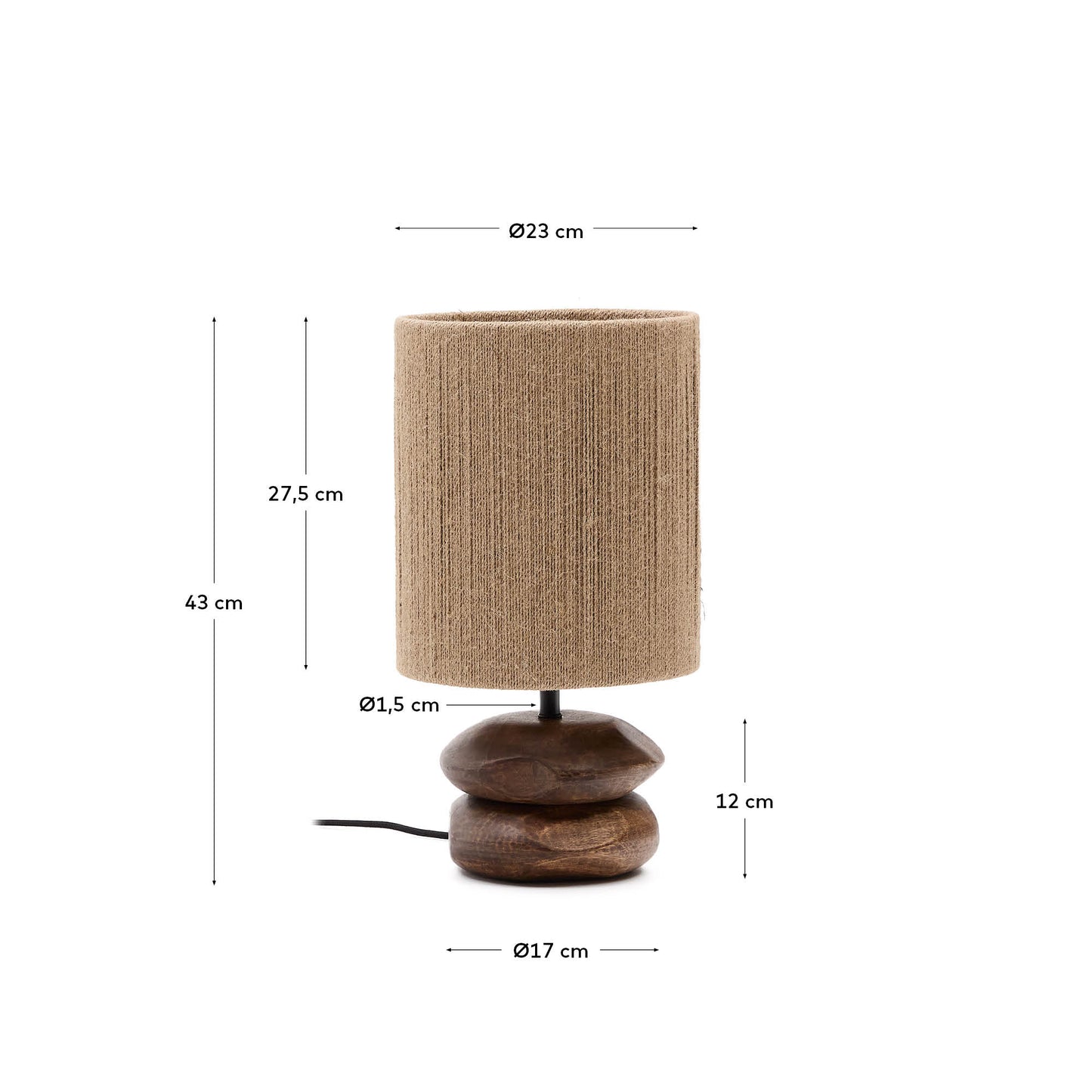 Lampada da tavolo Kor in legno d'acacia con finitura scura e iuta
