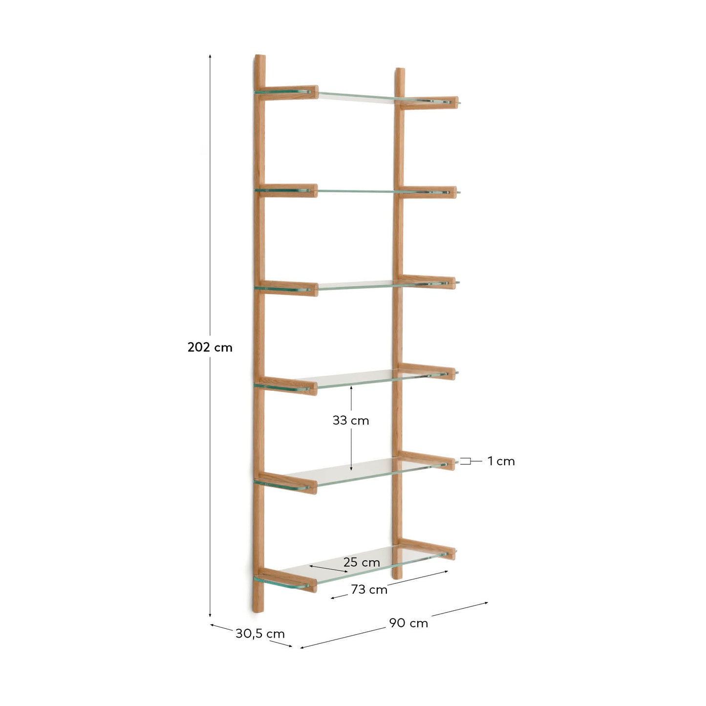 Sitra scaffalatura modulare 6 ripiani in vetro e rovere massiccio 90 cm