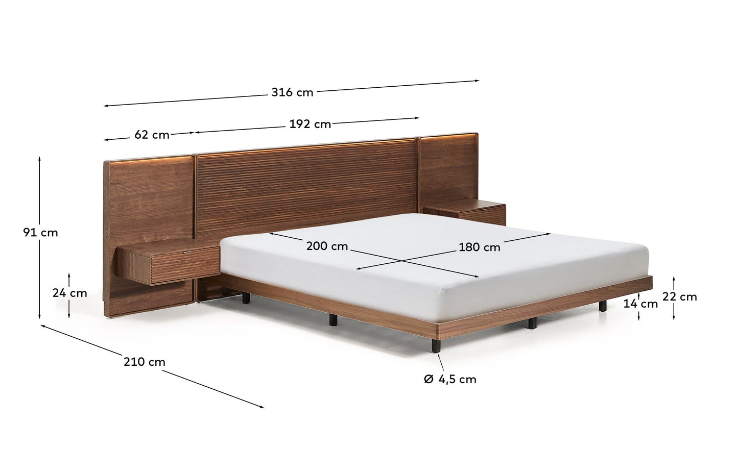 Letto Norlen con 2 comodini in impiallacciatura di noce con finitura scura e luce LED per materasso 180 x 200 cm