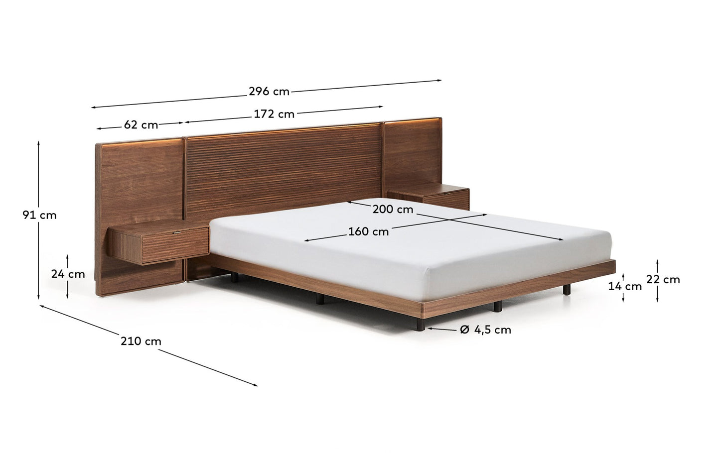 Letto Norlen con 2 comodini in impiallacciatura di noce con finitura scura e luce LED per materasso 160 x 200 cm
