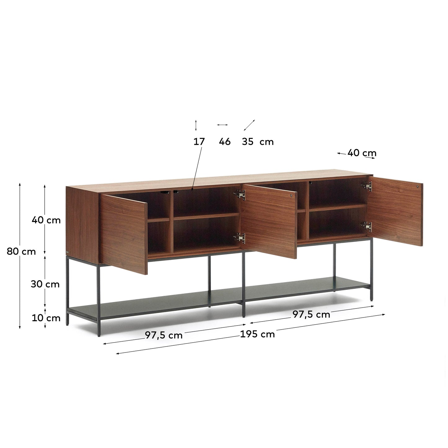 Credenza Vedrana 3 ante impiallacciate noce e gambe in acciaio nero 195x80 cm