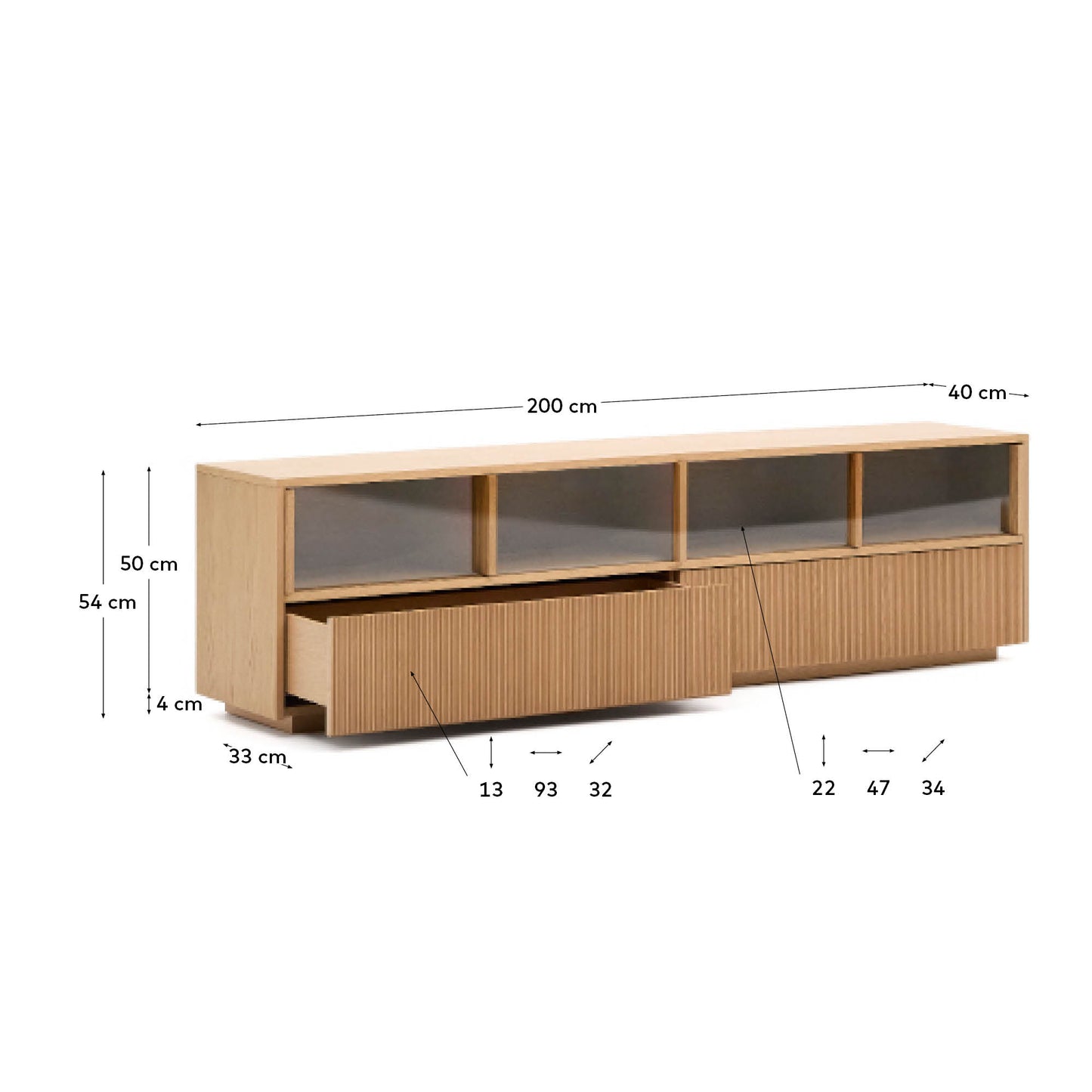 Mobile TV Helvine 4 ante e 2 cassetti impiallacciatura in rovere e vetro temperato 200x54 cm