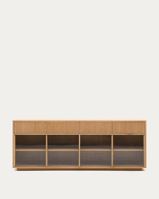 Credenza Helvine 4 ante e 4 cassetti impiallacciatura in rovere e vetro temperato 200x80 cm