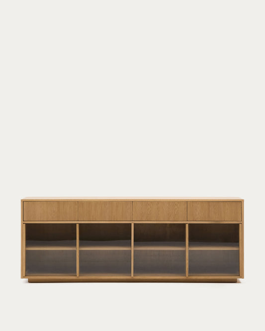 Credenza Helvine 4 ante e 4 cassetti impiallacciatura in rovere e vetro temperato 200x80 cm