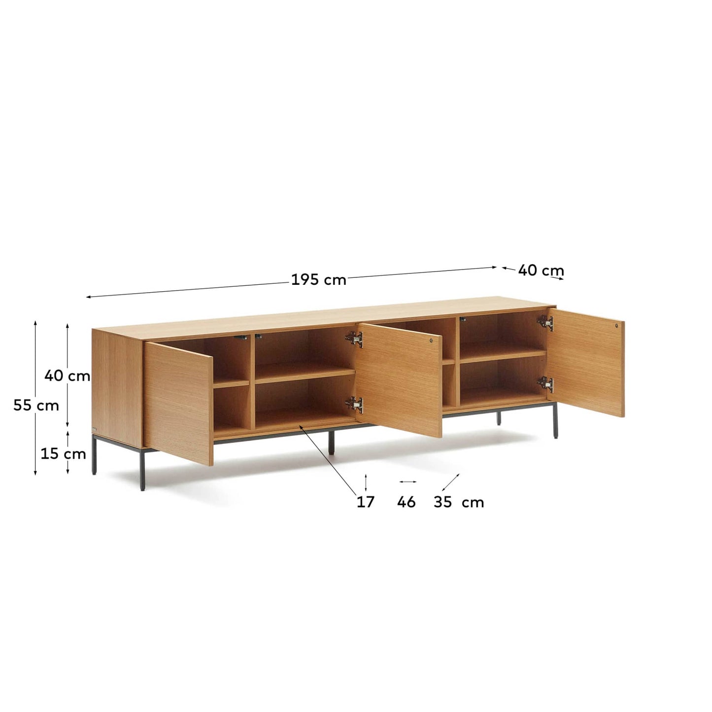 Mobile TV Vedrana 3 ante impiallacciate rovere e gambe in acciaio nero 195 x 55 cm