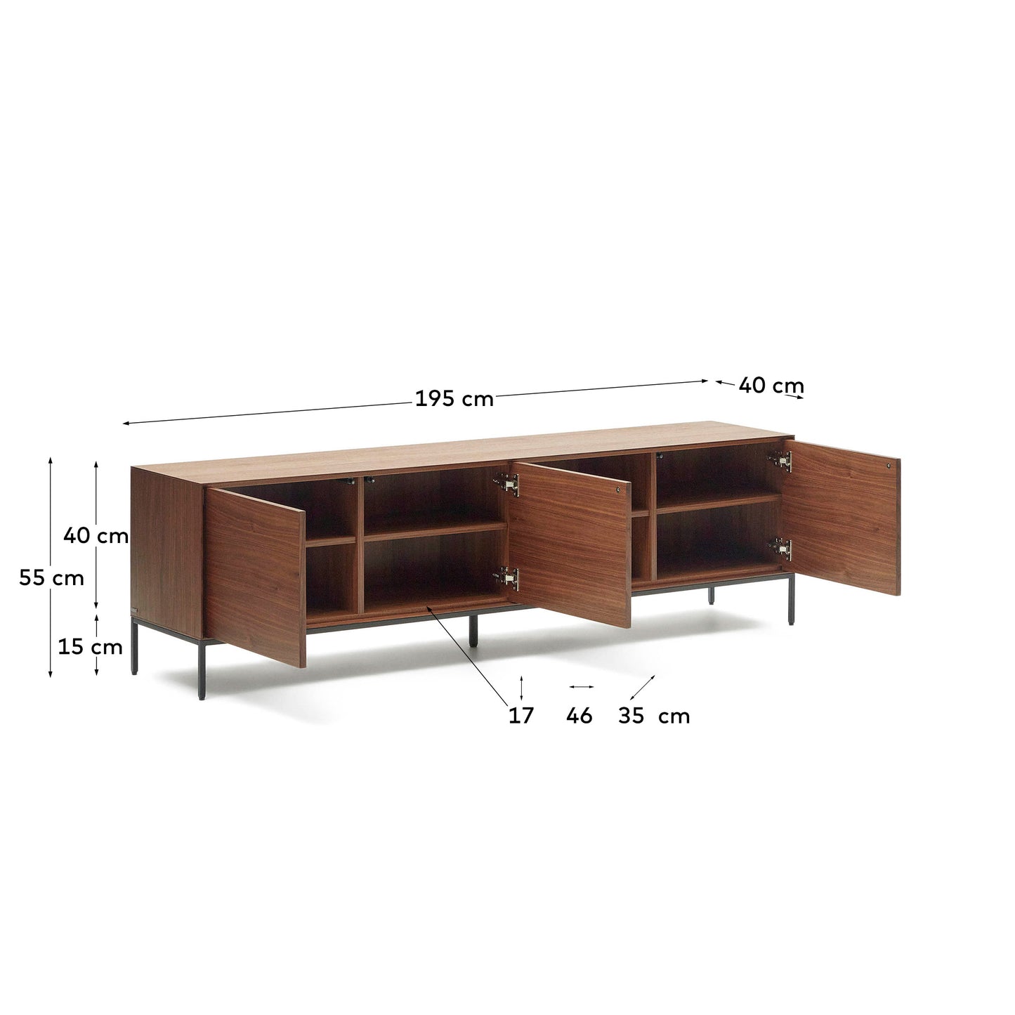 Mobile TV Vedrana 3 ante impiallacciate noce e gambe in acciaio nero 195 x 55 cm