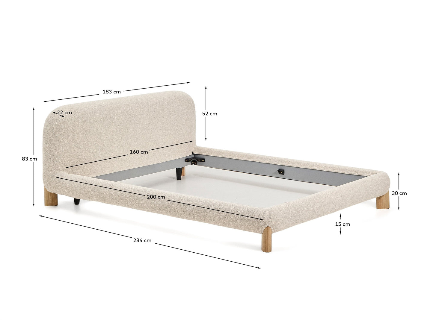 Letto sfoderabile Odina bouclé écru con gambe in frassino massiccio con finitura in tonalità naturale per materasso da 160 x 200 cm