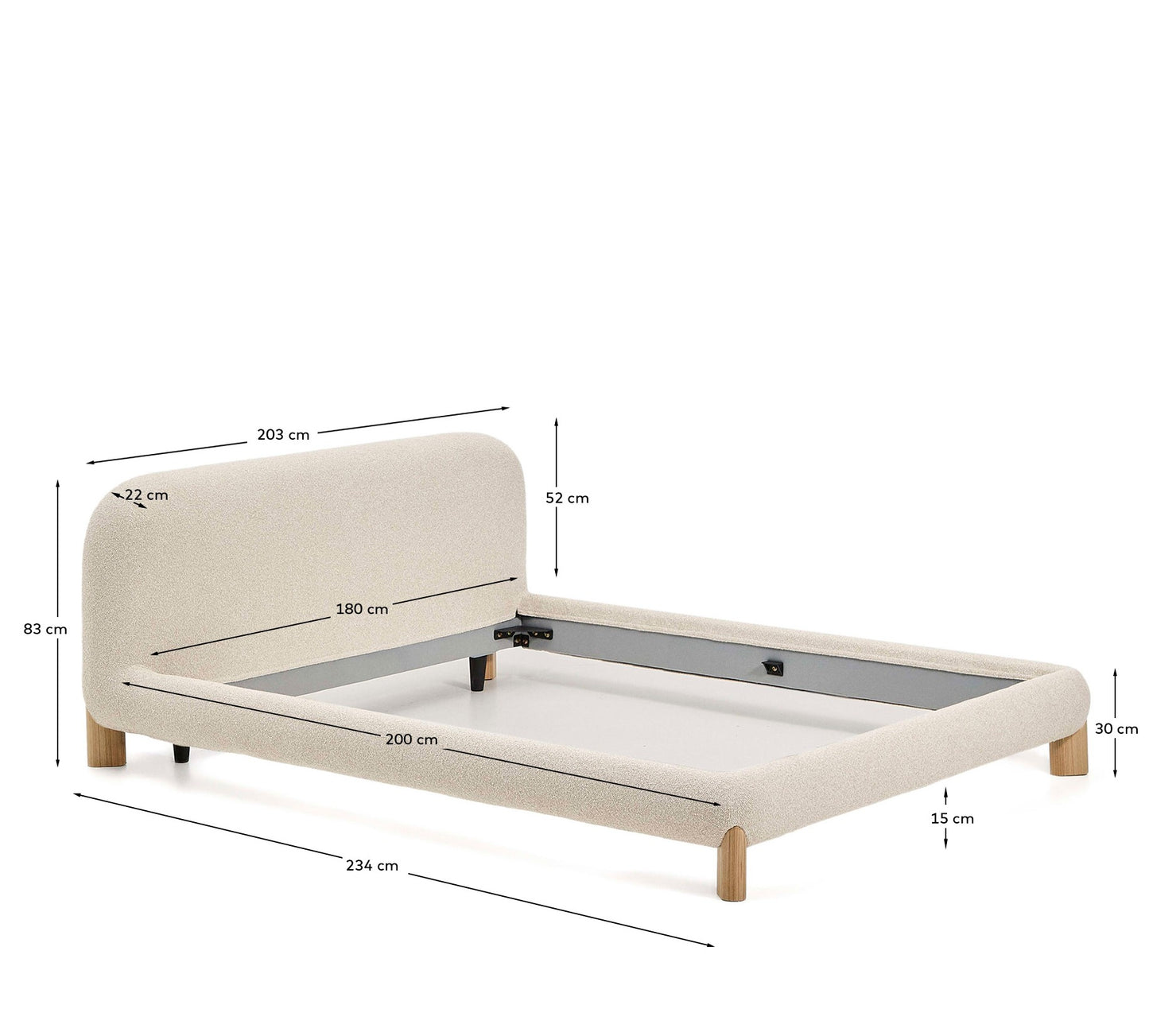 Letto sfoderabile Odina bouclé écru con gambe in frassino massiccio con finitura in tonalità naturale per materasso da 180 x 200 cm