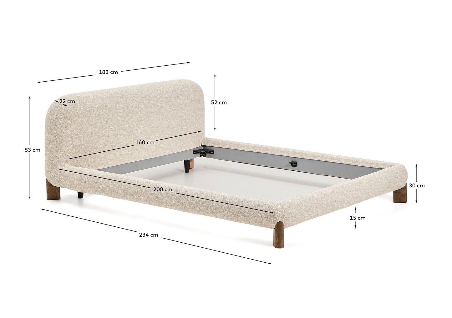 Letto sfoderabile Odina bouclé écru con gambe in frassino massiccio con finitura in noce per materasso da 160 x 200 cm