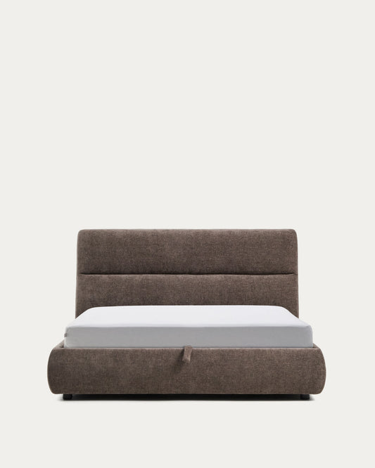 Letto sfoderabile Dafra in ciniglia marrone scuro con contenitore apribile per materasso 160 x 200 cm
