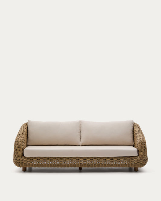 Divano Meria a 3 posti in rattan sintetico e gambe in legno massiccio di acacia 208 cm