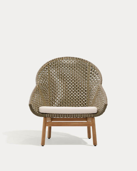 Poltrona Olbia con schienale alto in rattan sintetico e legno massiccio teak