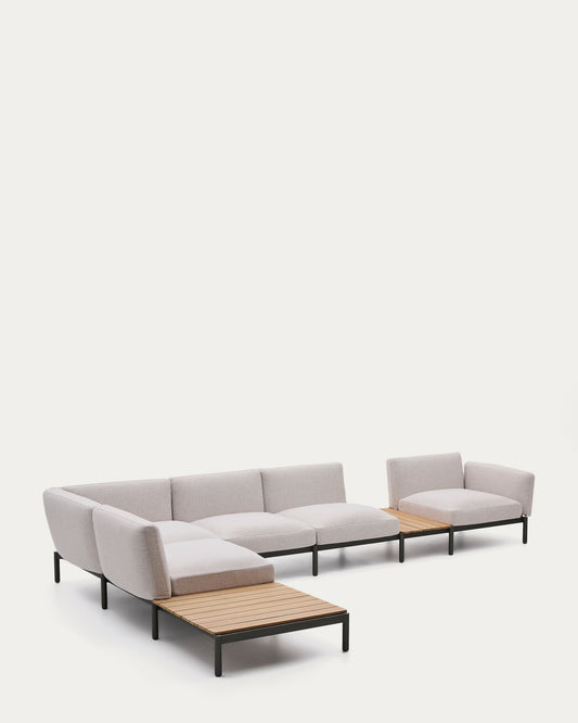 Divano angolare modulare da esterno Sorells 5 posti con rivestimento beige e alluminio verde con tavolini in teak 277 x 446 cm FSC 100%