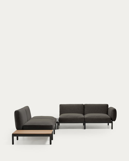 Divano angolare modulare da esterno Sorells 4 posti con rivestimento grigio e alluminio grigio tavolo in teak 353 x 316,5 cm