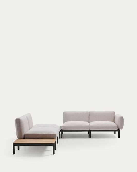 Divano angolare modulare da esterno Sorells 4 posti con rivestimento beige e alluminio grigio tavolo in teak 353 x 316,5 cm