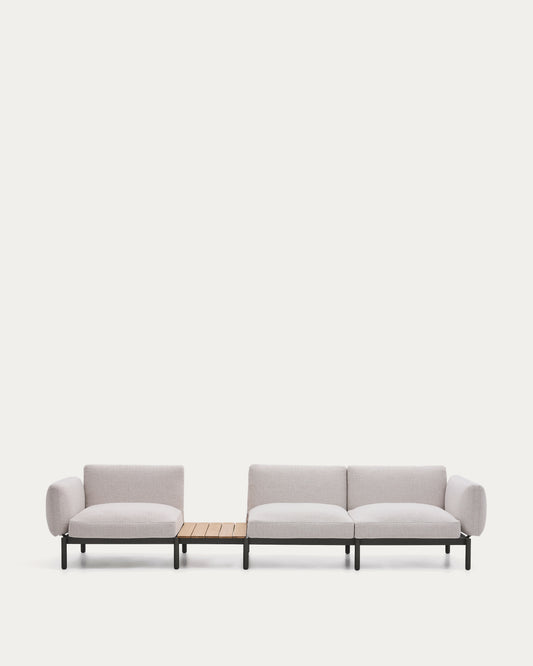 Divano modulare da esterno Sorells 3 posti con rivestimento beige e in alluminio grigio con tavolo in teak 341 x 113 cm FSC 100% FSC