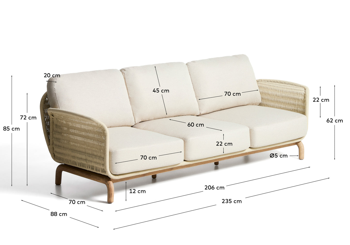 Divano a 3 posti Alipa in legno massiccio di acacia e corda ecru 235 cm
