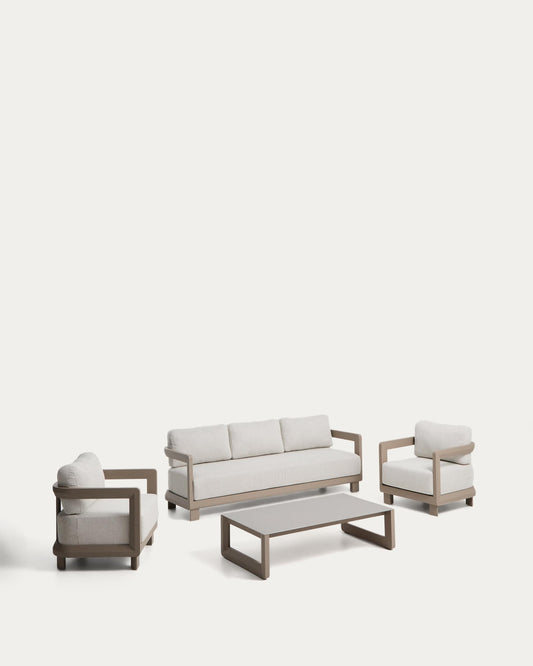 Set Nerano con divano 3 posti, 2 poltrone e tavolino in vetro temperato e alluminio taupe