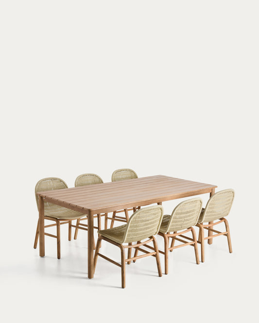 Set di tavolo Sori in legno massiccio di acacia e 6 sedie Alipa in legno massiccio di acacia e corda écru 200 x 100 cm