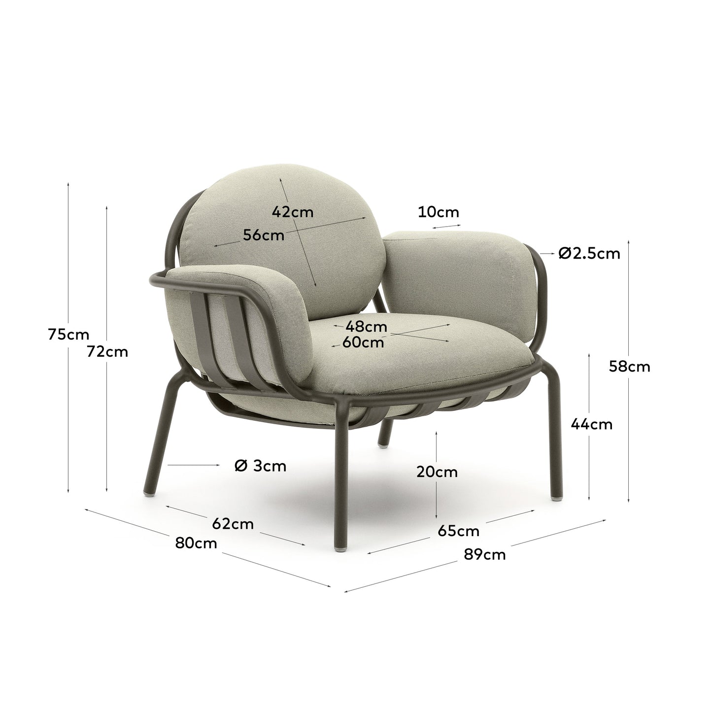 Poltrona da esterno Joncols con rivestimento beige e struttura in alluminio con finitura grigia